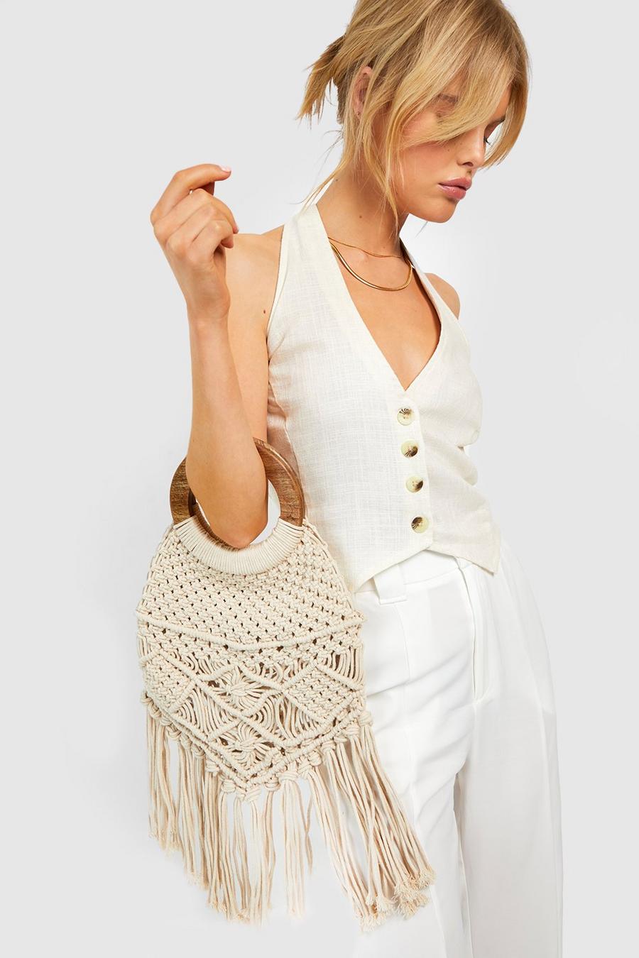 Cream Crochet Tassel Wooden Handle Grab Bag image number 1