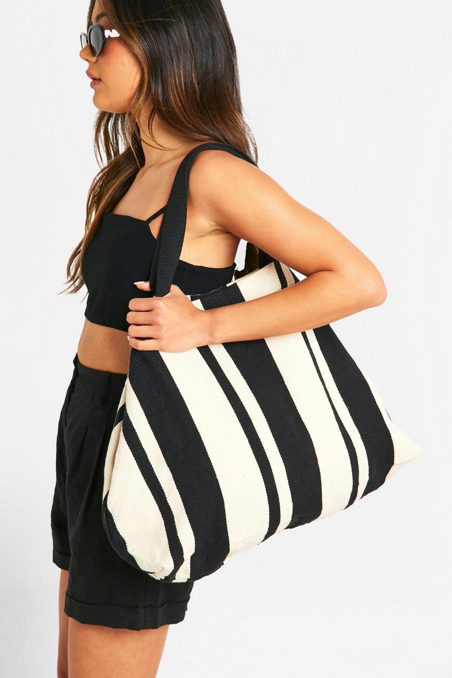 Black Stripe Canvas Beach Tote Bag