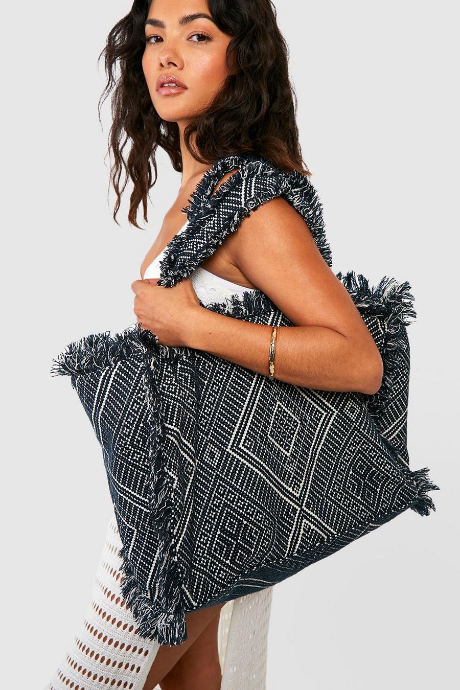 Black Oversized Woven Beach Tote Bag image number 1