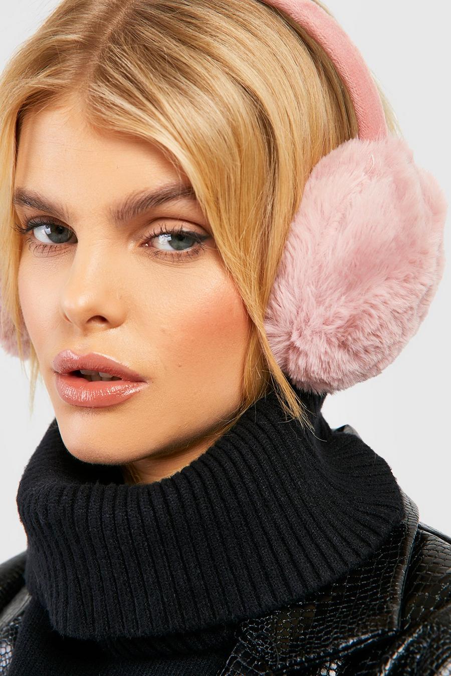 Pink Solid Faux Fur Fluffy Earmuffs  image number 1