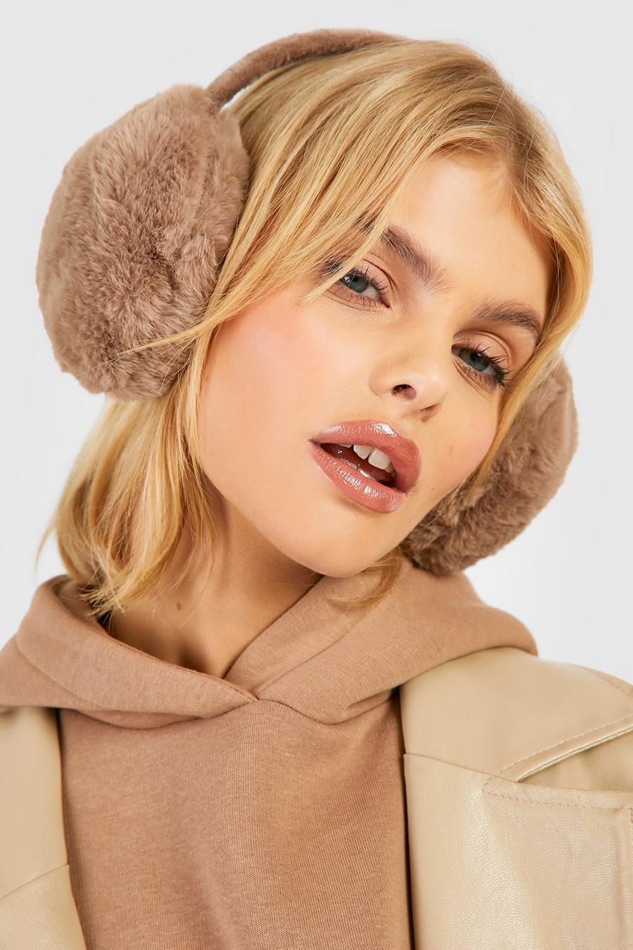 Cream Solid Faux Fur Fluffy Earmuffs  image number 1