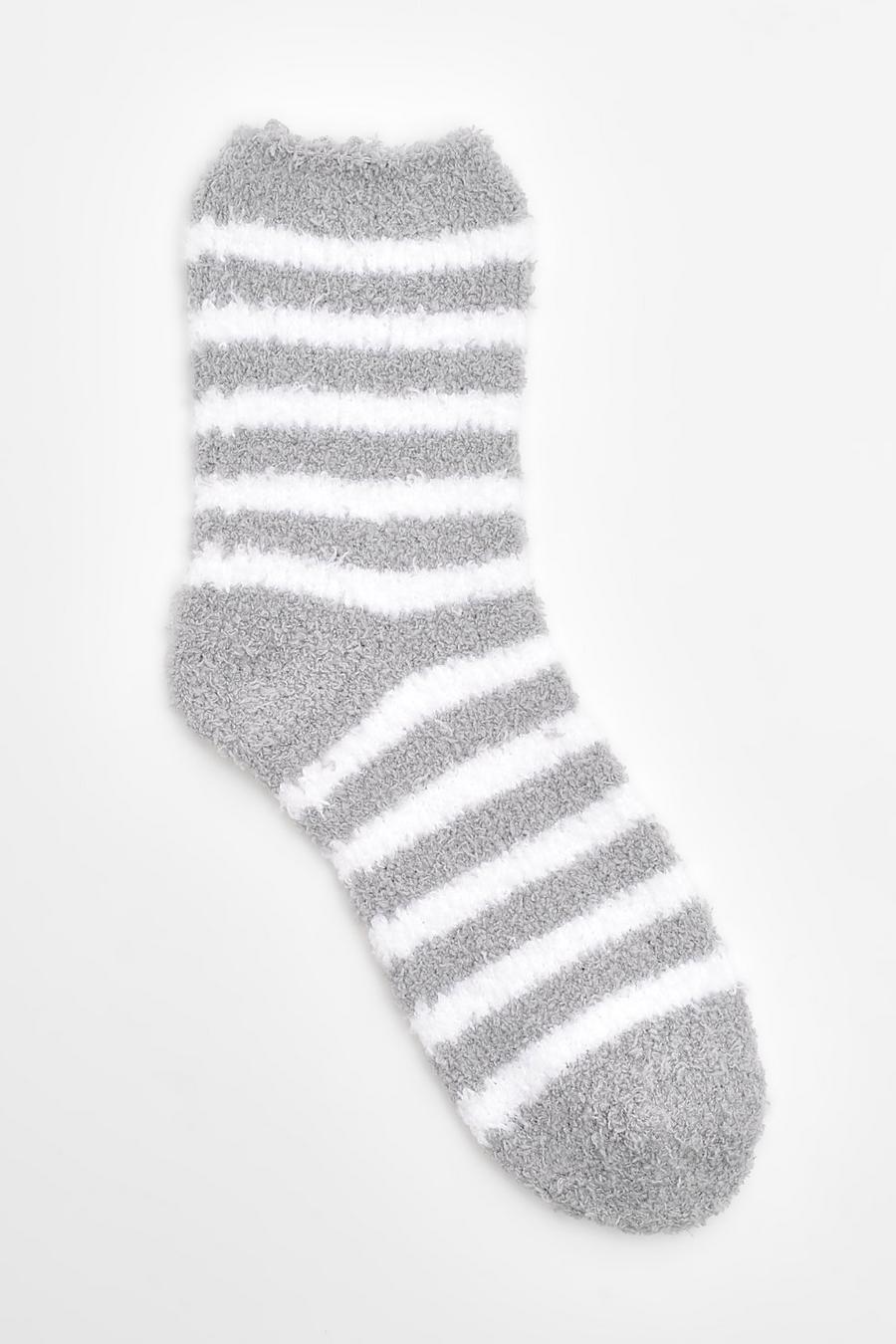 Grey Fluffy Stripe Bed Socks