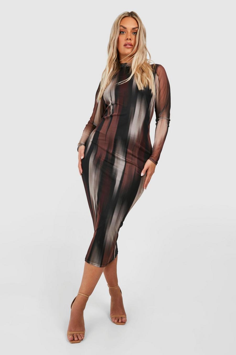 Chocolate brown Plus Long Sleeve Abstract Mesh Midaxi image number 1