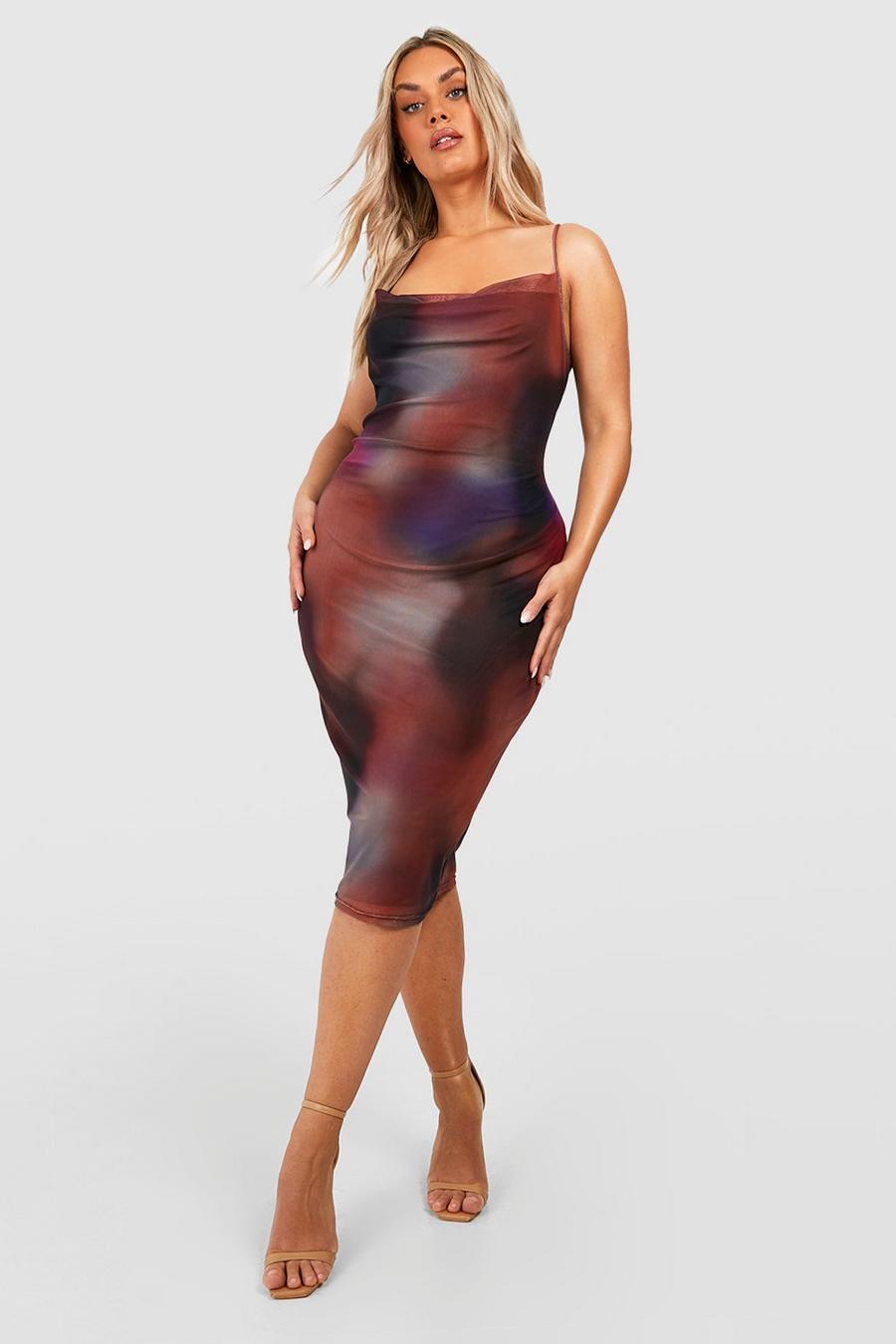 Grande taille - Robe mi-longue en mesh à imprimé abstrait, Purple image number 1
