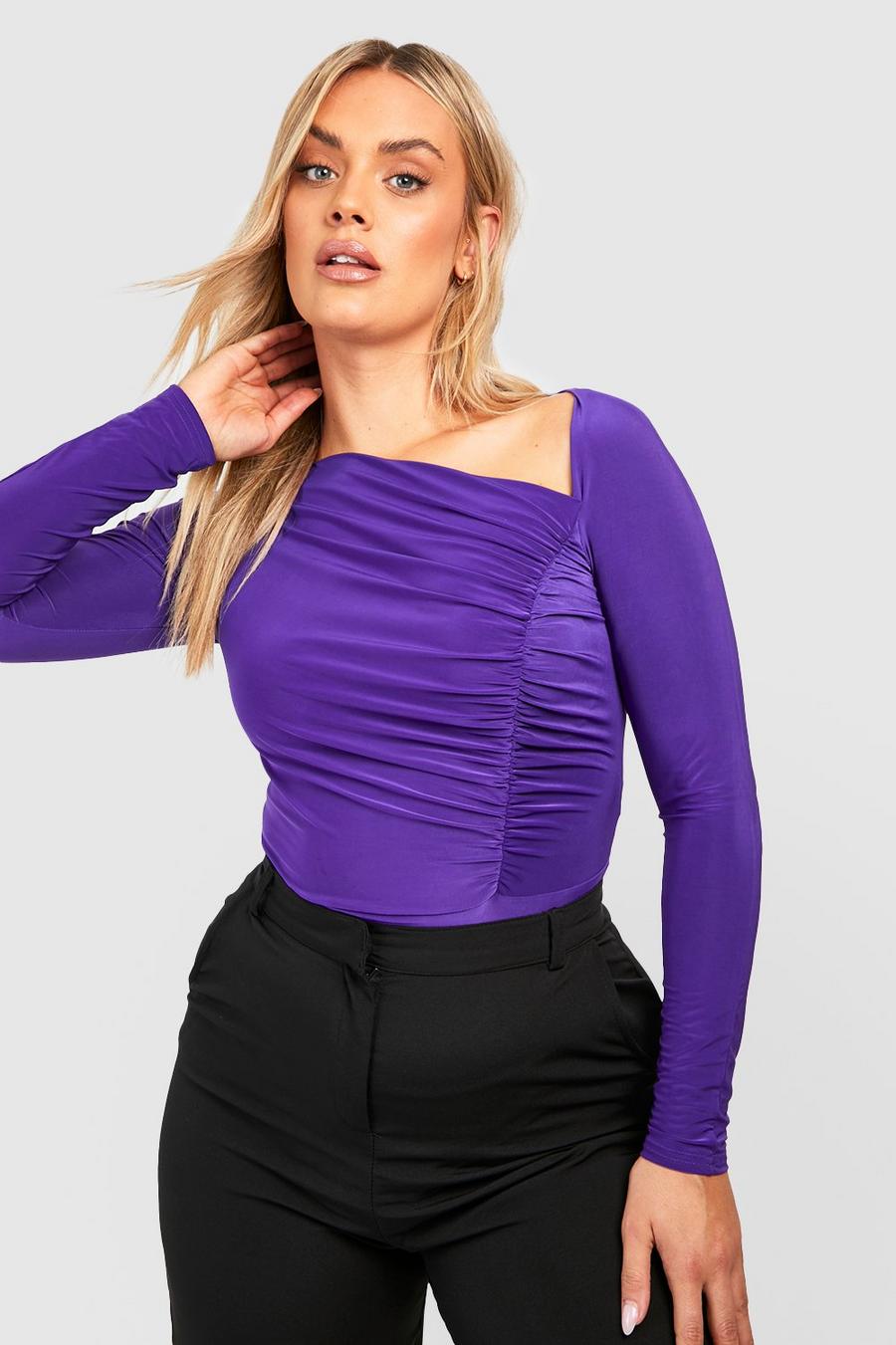 Purple Plus Asymmetric Neckline Ruched Bodysuit image number 1