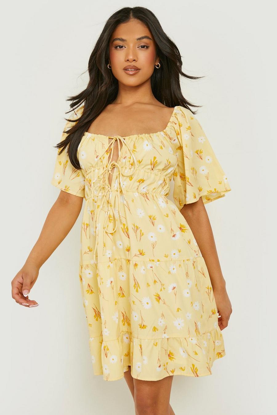 Yellow Petite Floral Ruched Detail Skater Dress image number 1