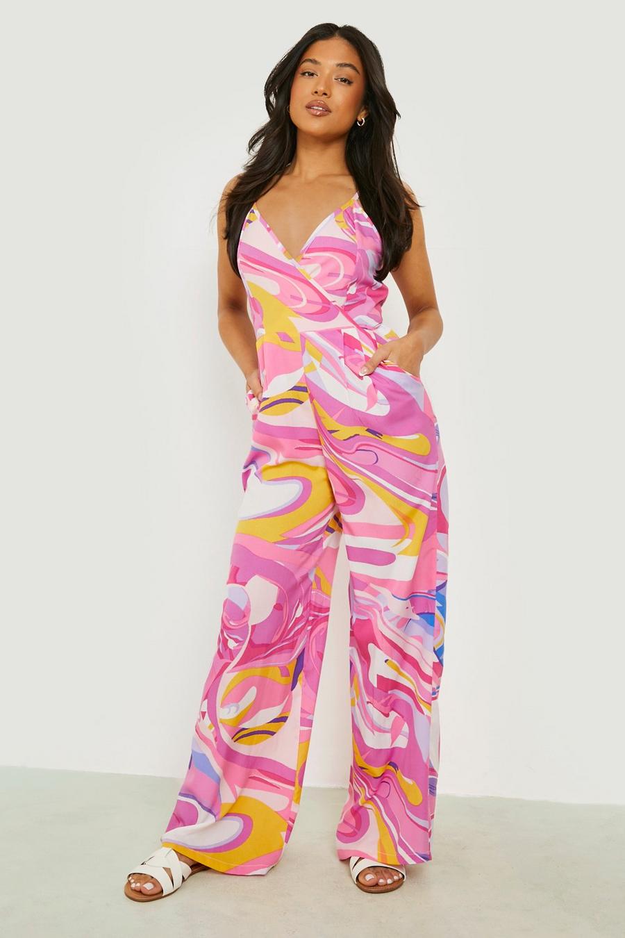 Pink Petite Abstract Marble Wrap Front Jumpsuit image number 1