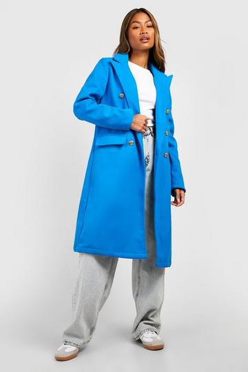 Gold Button Detail Double Breasted Longline Coat bright blue