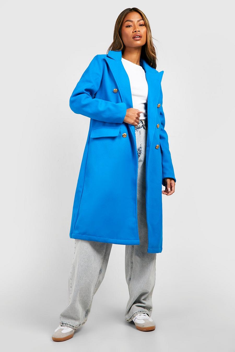 Bright blue Gold Button Detail Double Breasted Longline Coat image number 1