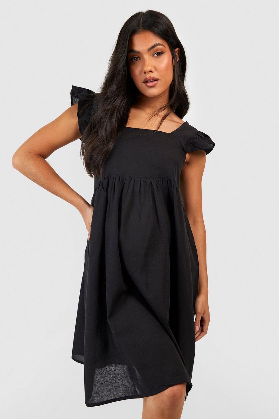 Black Maternity Linen Frill Sleeve Smock Dress image number 1