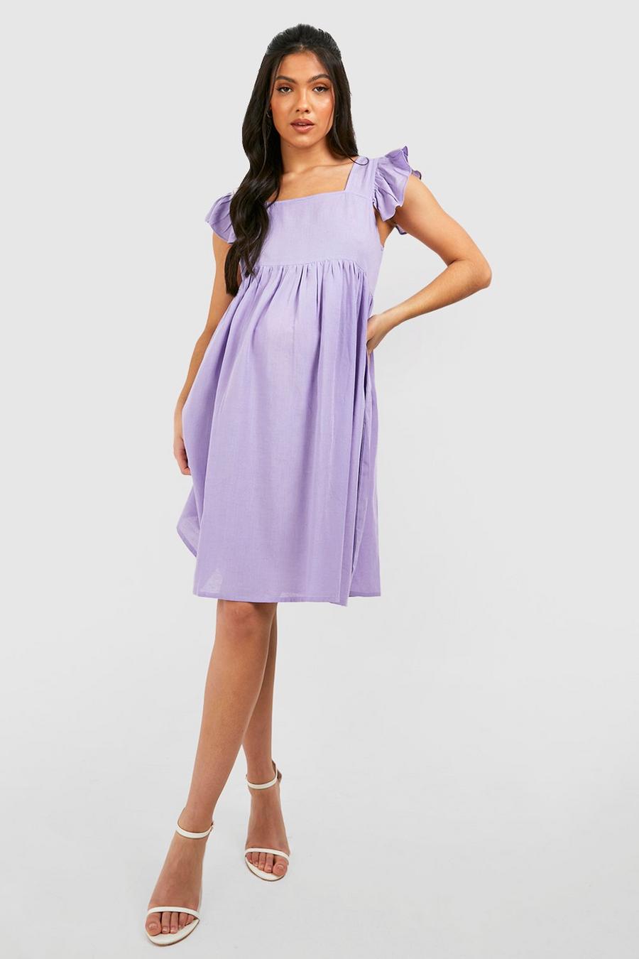 Purple Maternity Linen Frill Sleeve Smock Dress image number 1