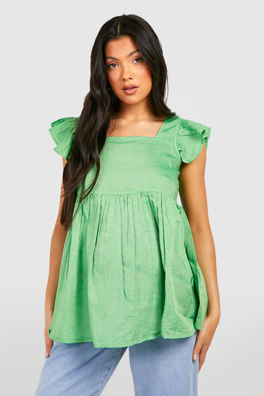 Green Maternity Linen Frill Sleeve Smock Top image number 1