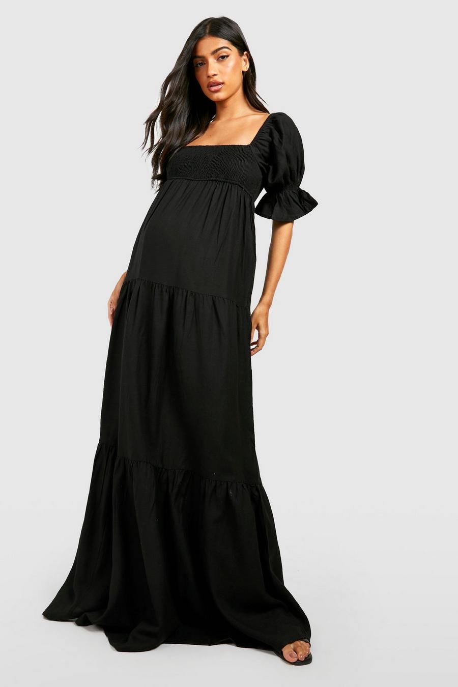 Black Maternity Linen Shirred Tiered Midaxi Dress