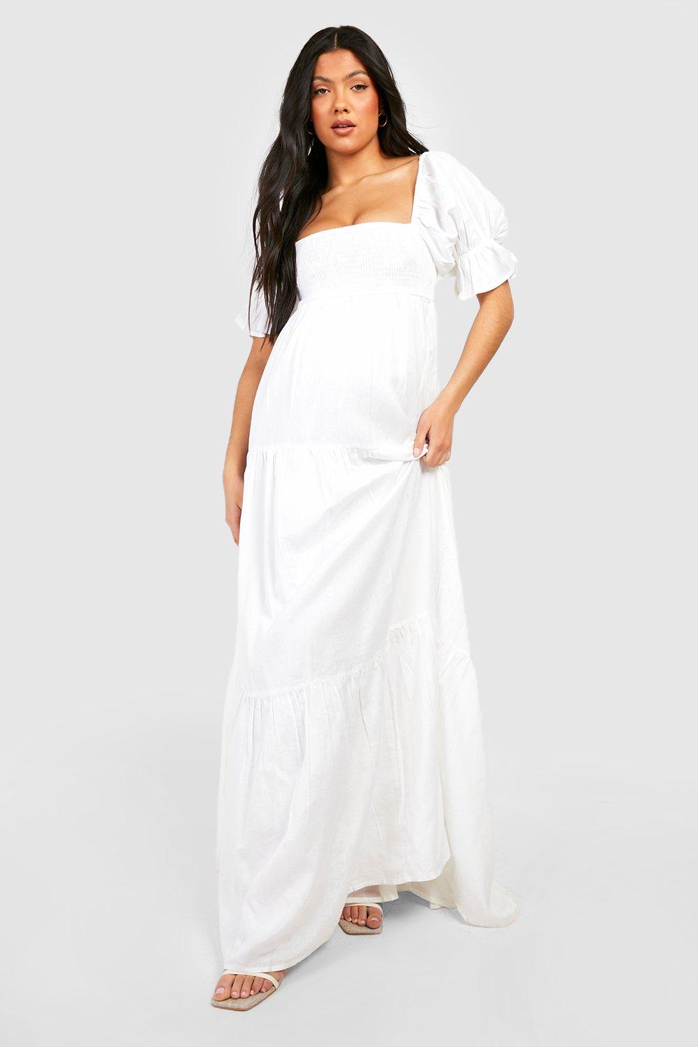 Maternity Linen Look Shirred Tiered Midaxi Dress boohoo UK