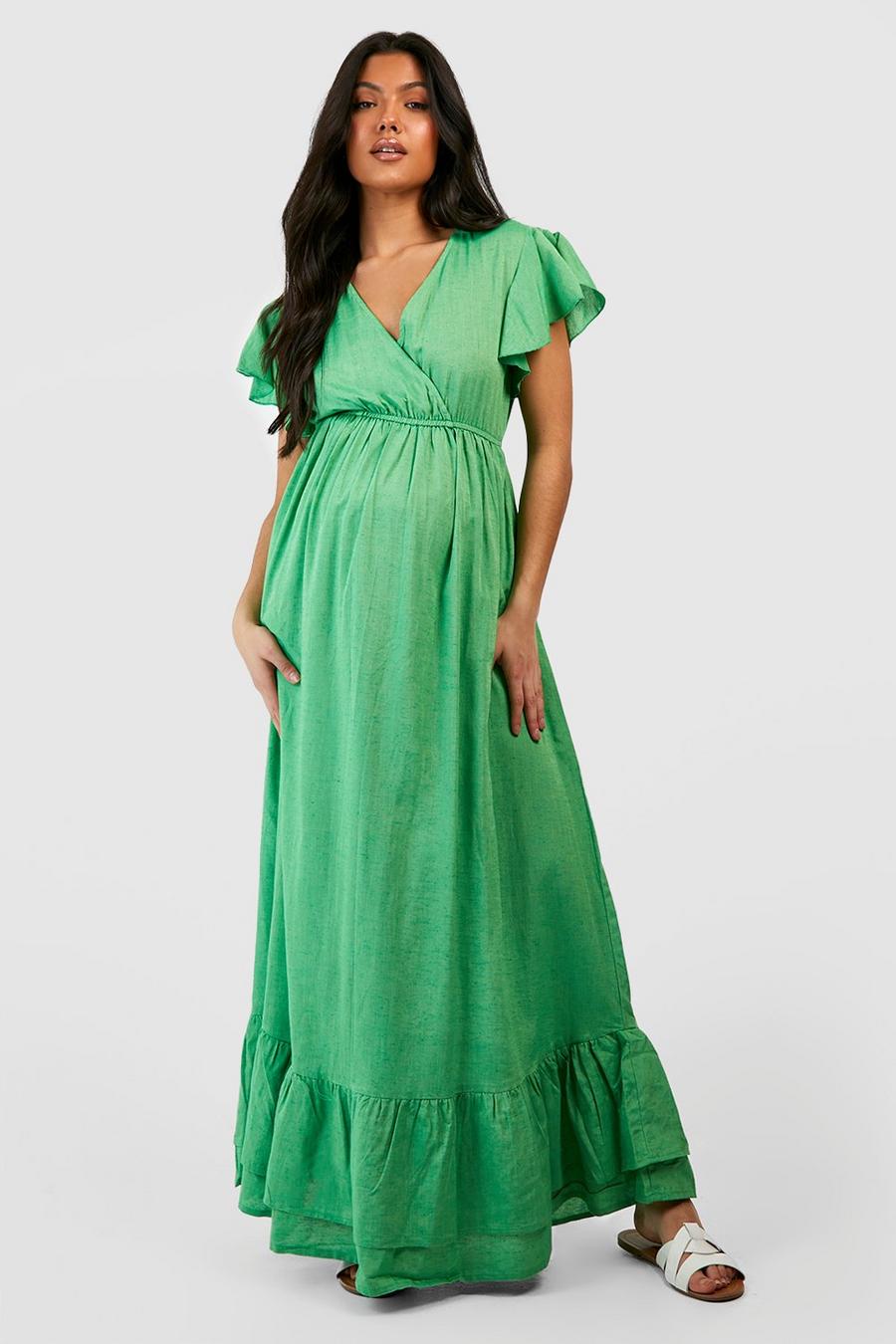 Green Maternity Linen Frill Hem Maxi Dress