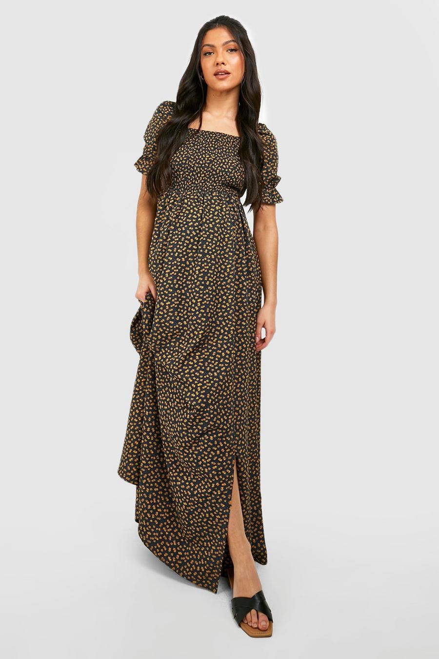 Black Maternity Floral Square Neck Maxi Dress