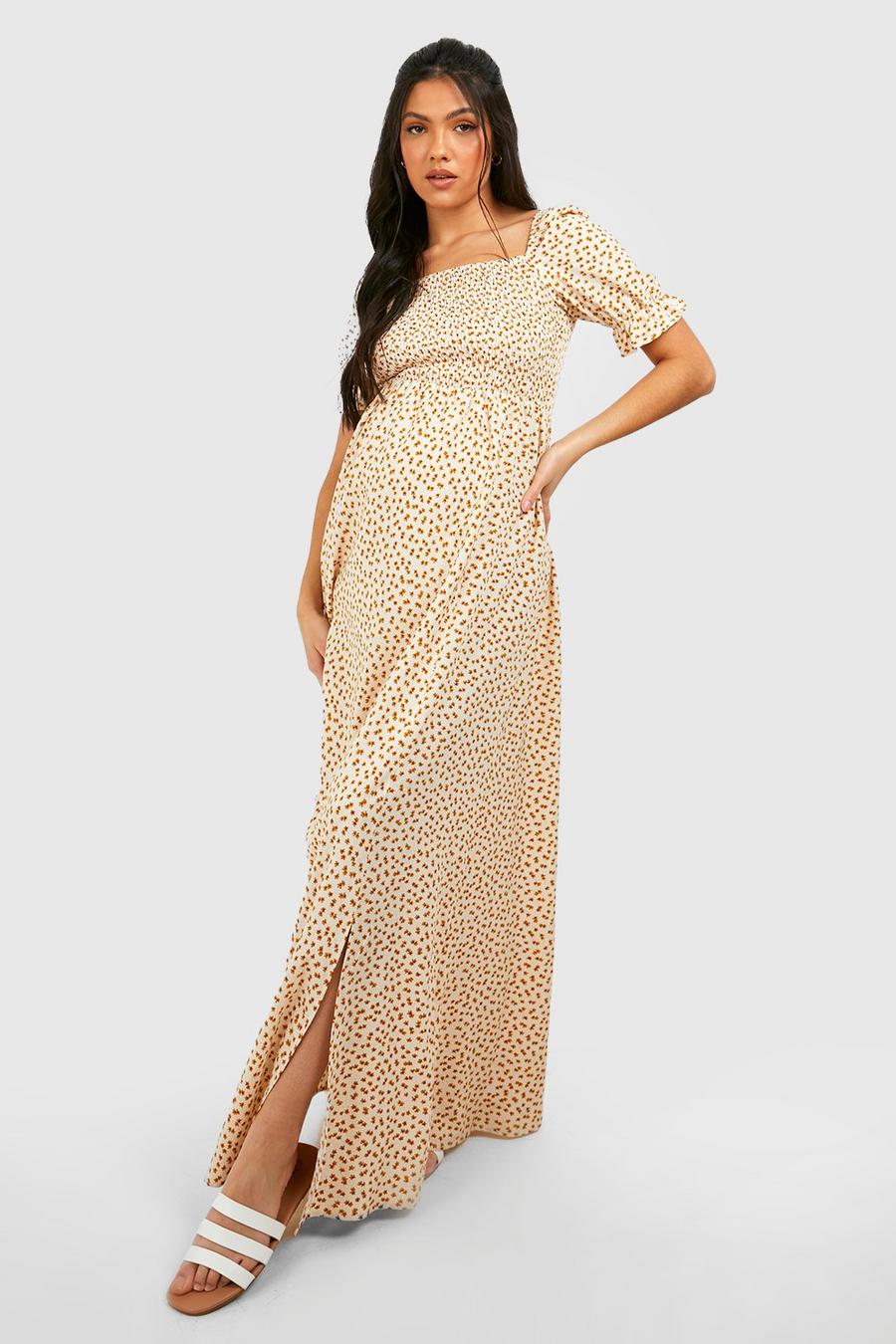 White Maternity Floral Square Neck Maxi Dress image number 1