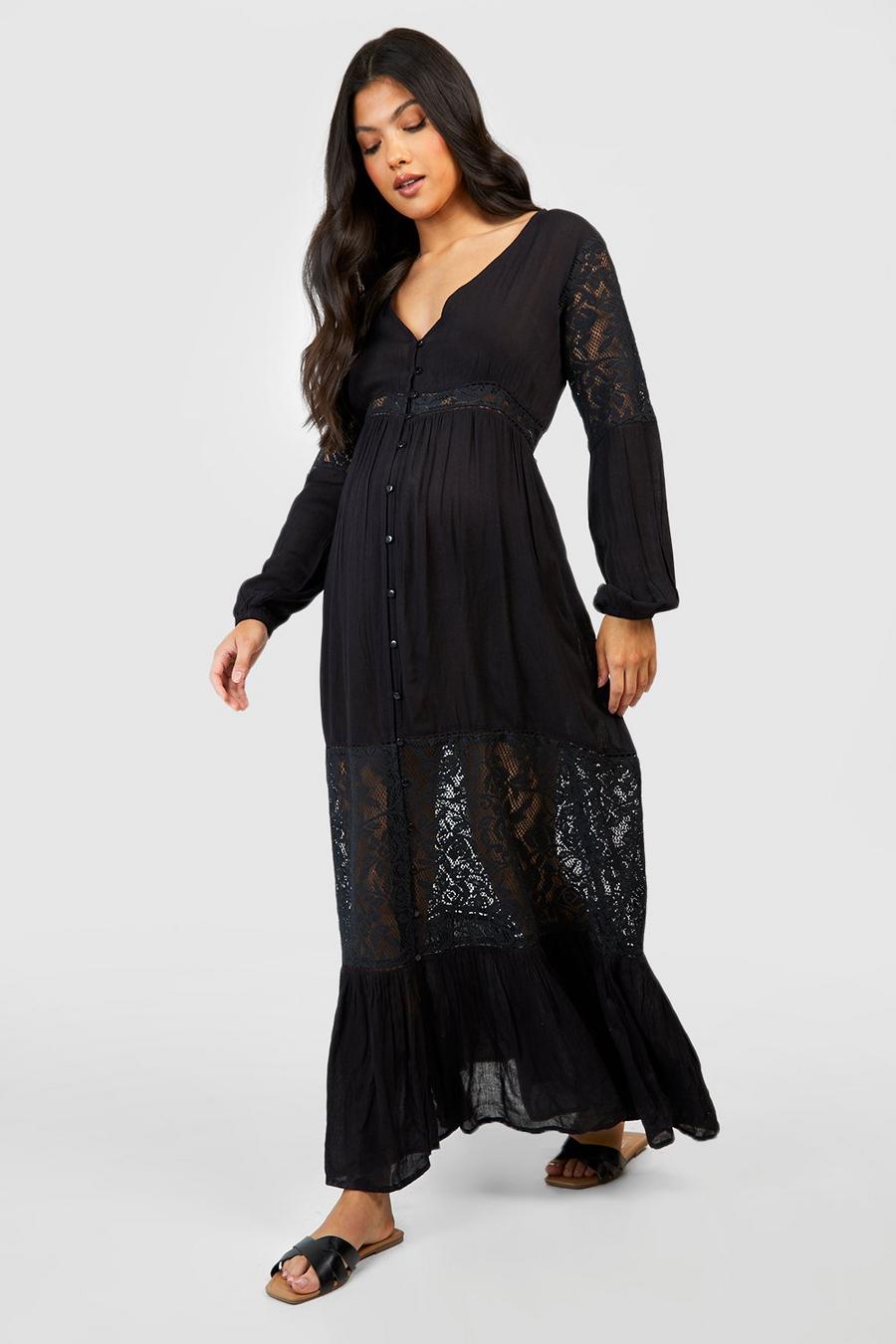 Black Maternity Boho Lace Insert Maxi Dress Prush image number 1