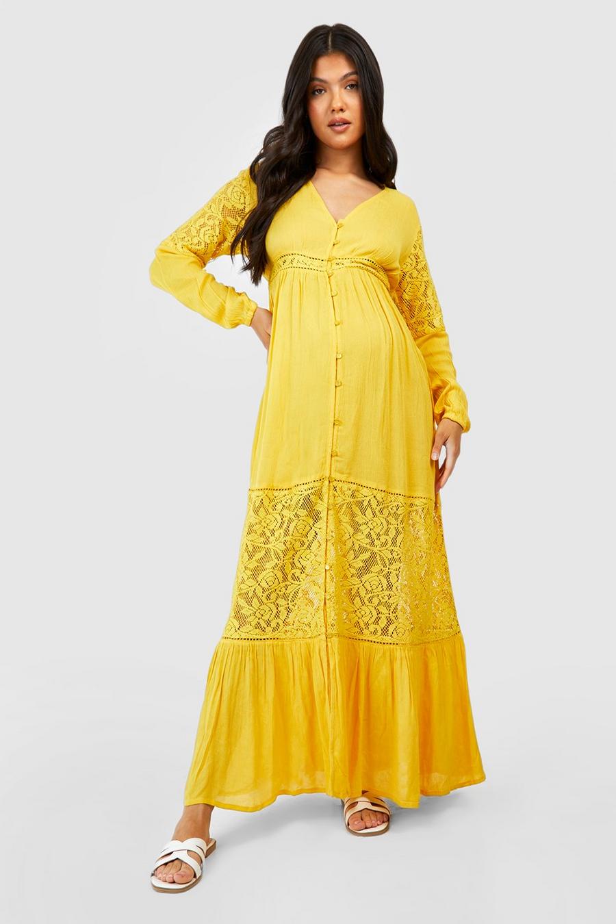 Ochre yellow Maternity Boho Lace Insert Maxi Dress