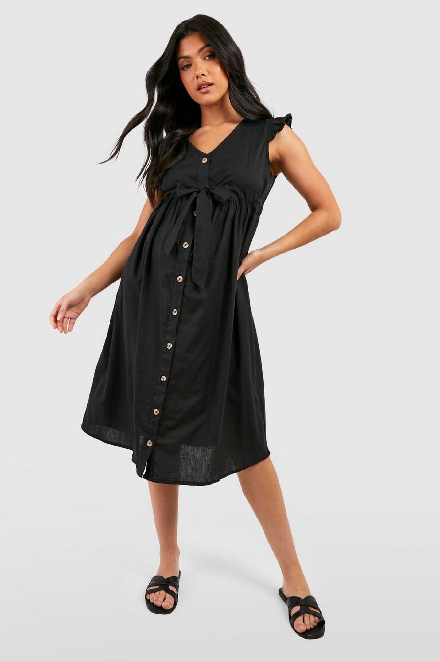 Black Maternity Cotton Button Down Midi Bermuda Dress image number 1