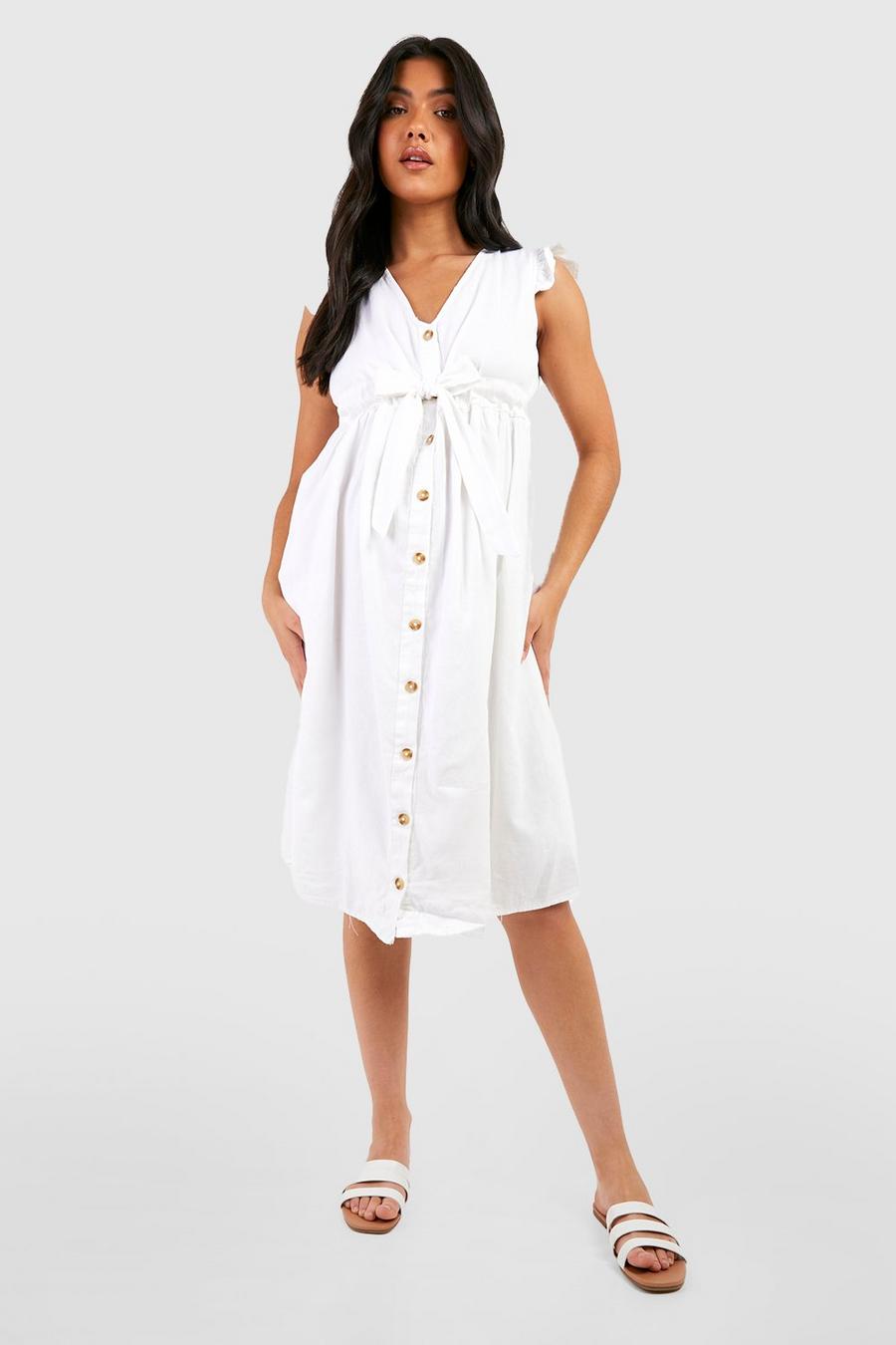 White Maternity Cotton Button Down Midi Dress image number 1