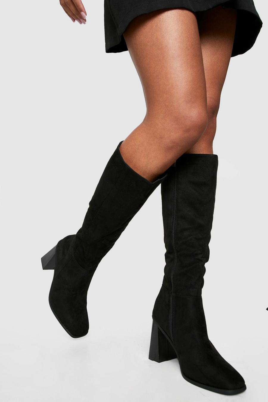 Black Faux Suede Block Heel Knee High Boots