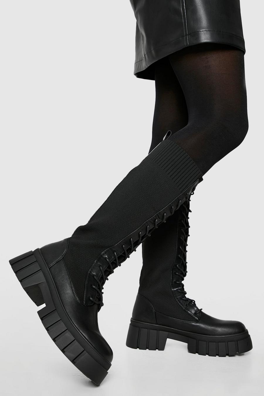 Black Lace Up Knee High Combat Boots image number 1
