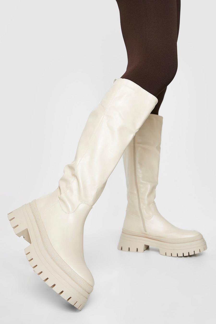 Ecru white Chunky Sole Knee High Chelsea Boots