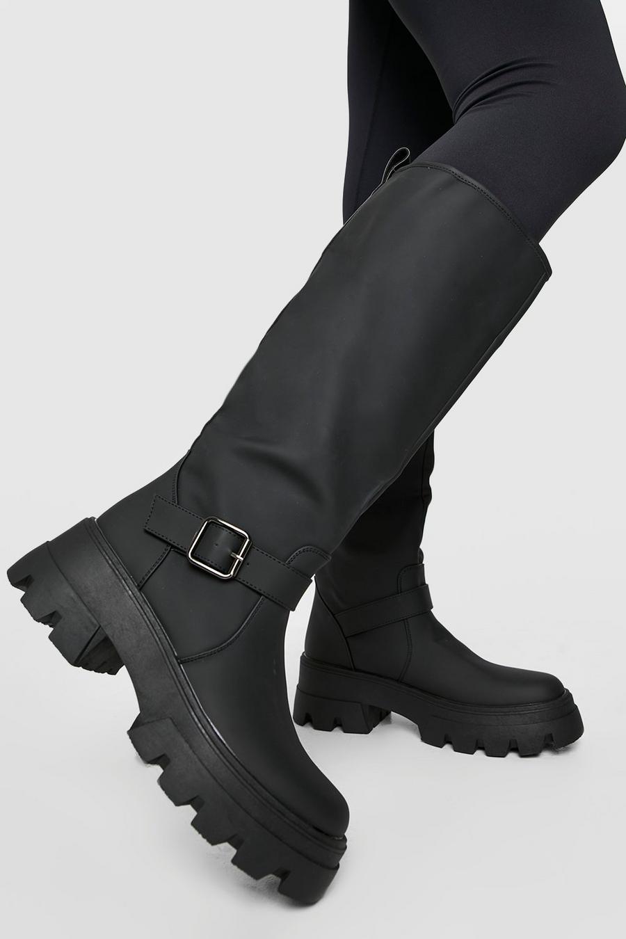 Black Buckle Detail Knee High Boots