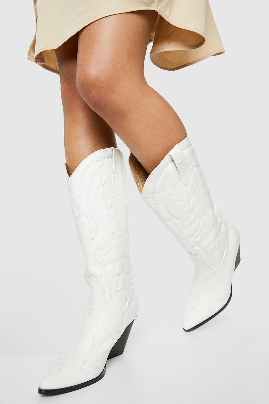 White vit Knee High Western Cowboy Boots