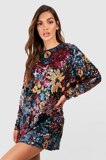 Premium Floral Sequin Shift Dress multi