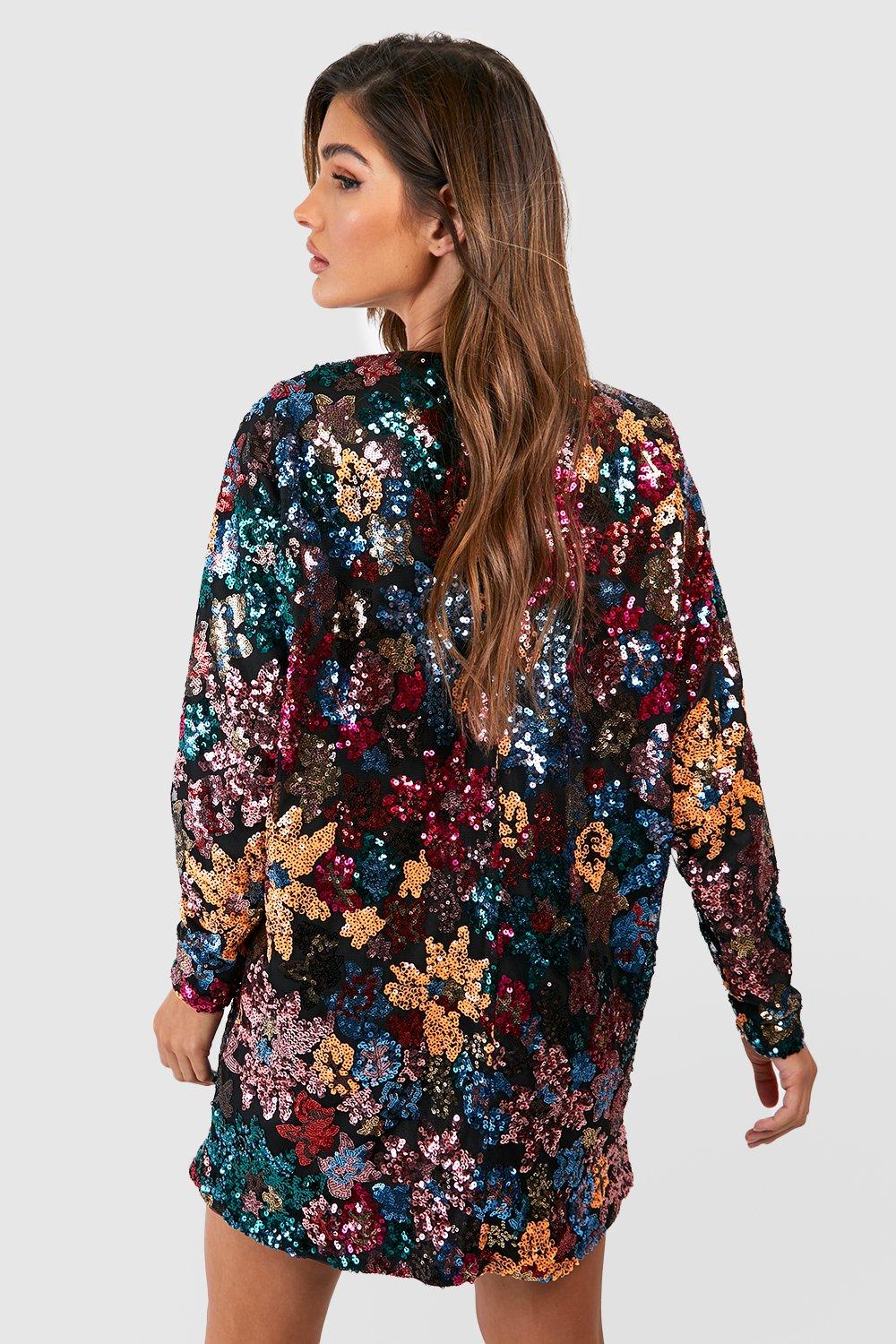 Premium Floral Sequin Shift Dress boohoo USA