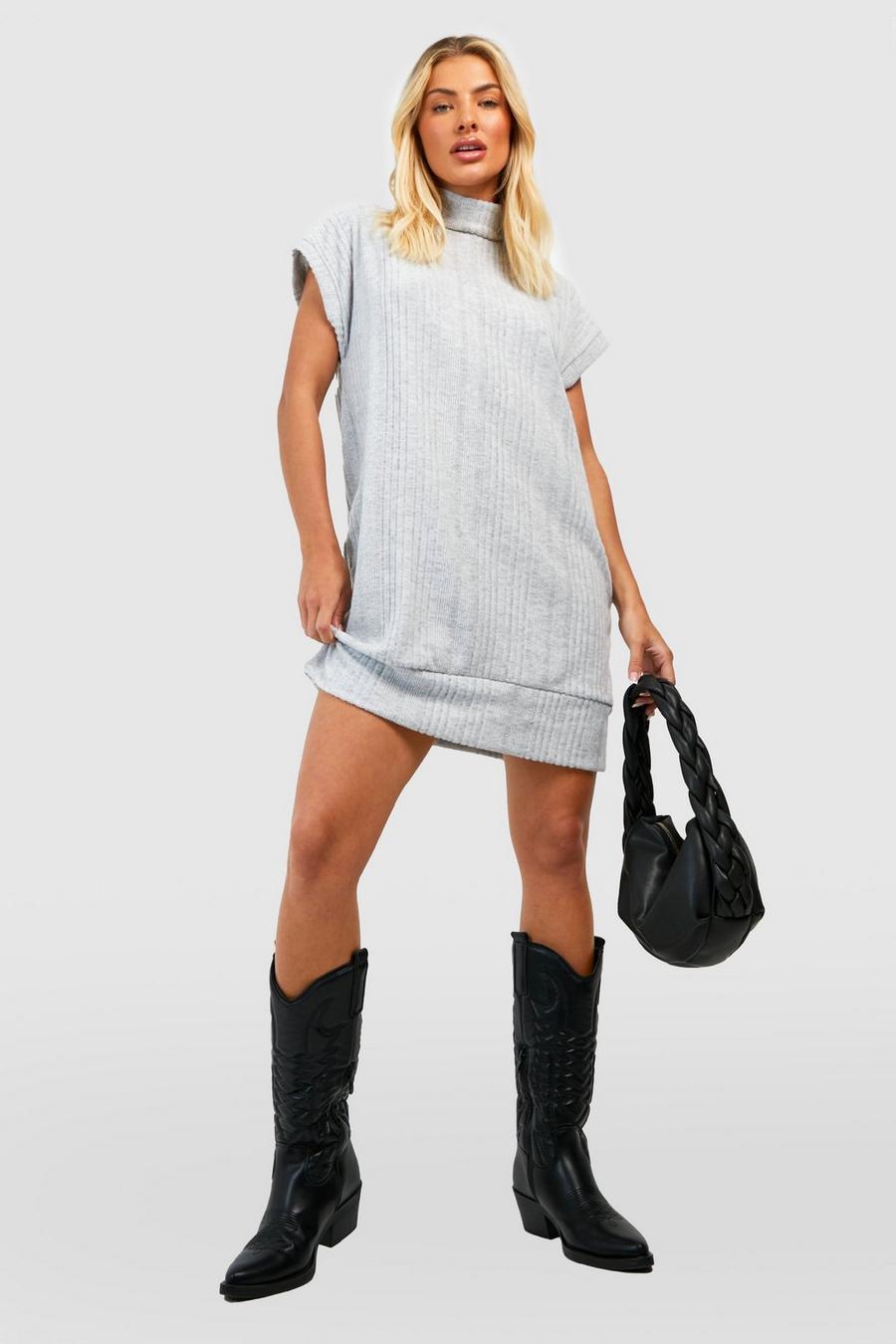 Grey Soft Rib Roll Neck Oversized Jumper Dress image number 1