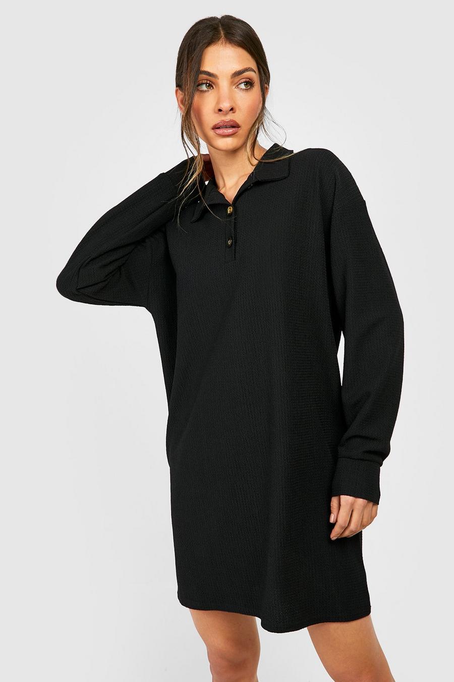 Black Textured Collared Button Sweater Dress image number 1