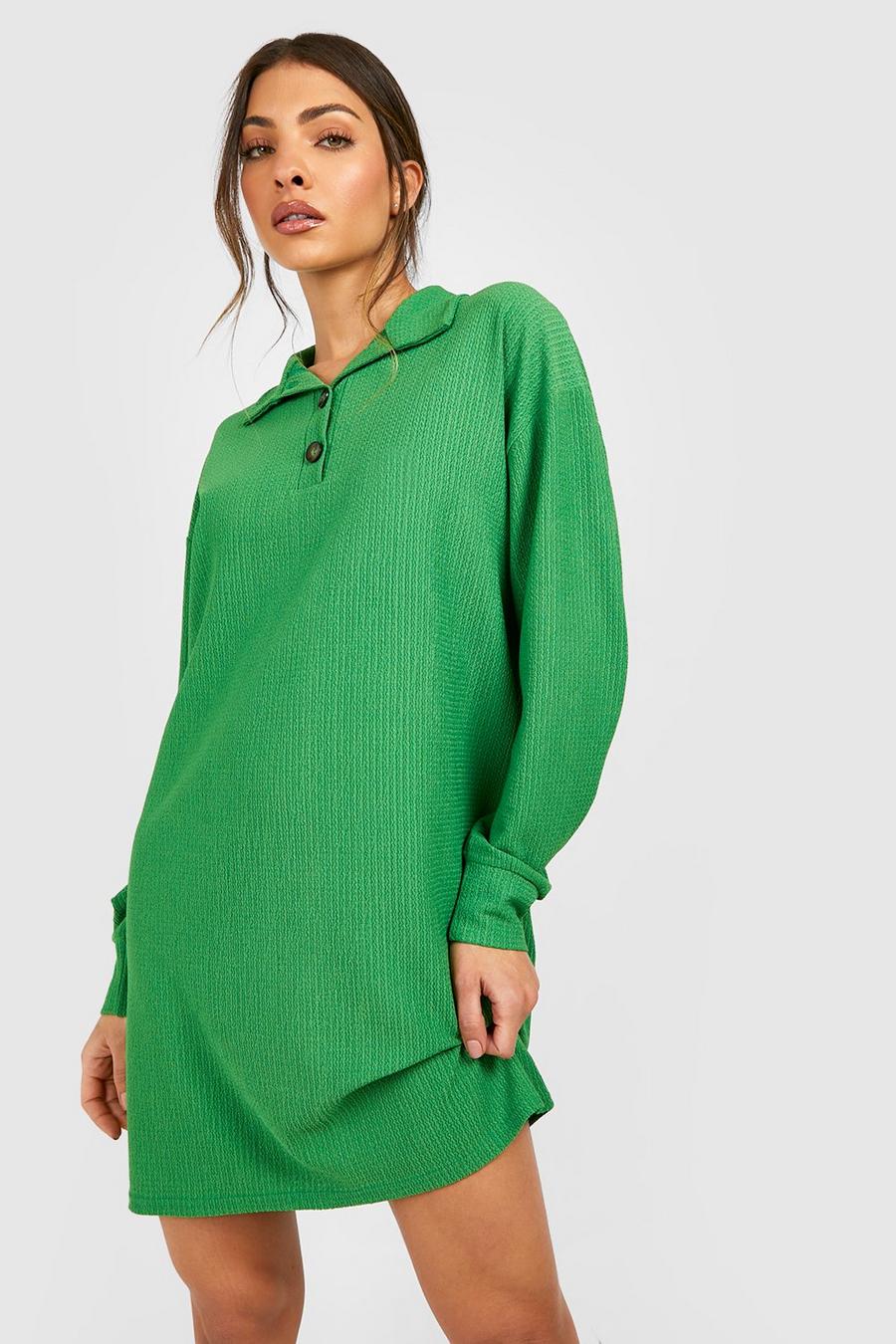 Green Textured Collared Button Jumper Dress image number 1