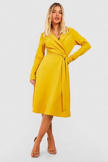 Mustard Yellow Belted Midi Blazer Dress