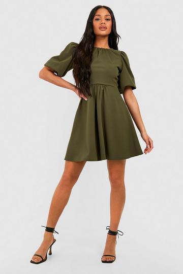 Khaki Puff Sleeve Ruched Skater Dress