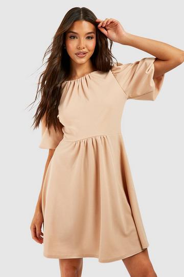 Stone Beige Puff Sleeve Ruched Skater Dress