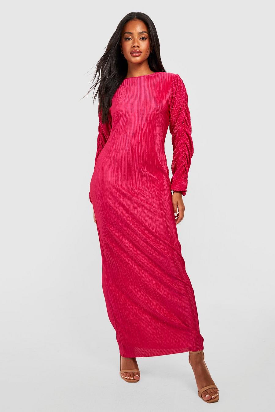 Hot pink Plisserad långklänning med rynkad ärm image number 1