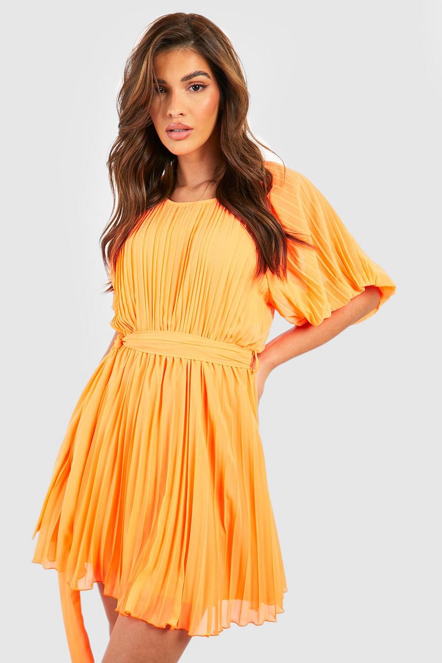 Orange Pleated Puff Sleeve Mini Dress image number 1