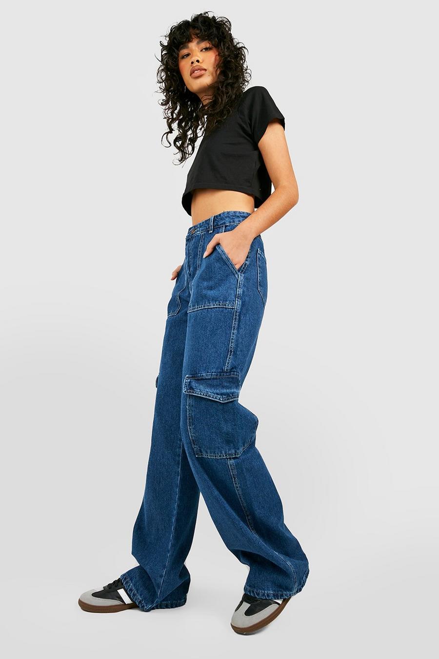 Mid blue Wide Leg Mid Rise Cargo Jeans image number 1