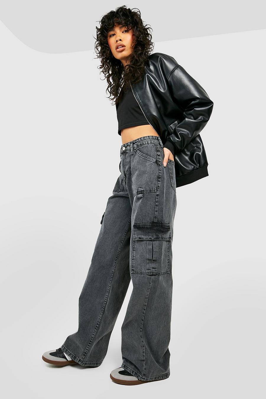 High Rise Washed Cargo Wide Leg Jeans, Washed black