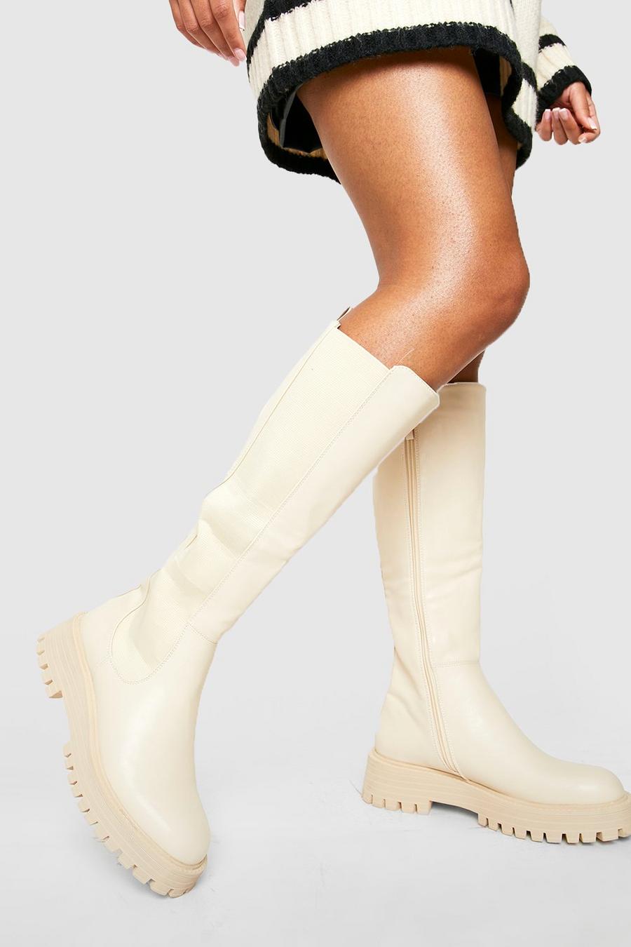 Beige Chunky Knee High Chelsea Boots image number 1