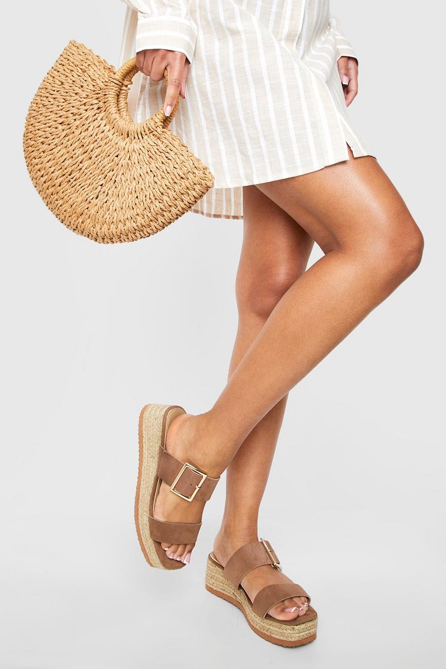 Tan braun Wide Fit Double Strap Buckle Detail Mule Flatforms image number 1