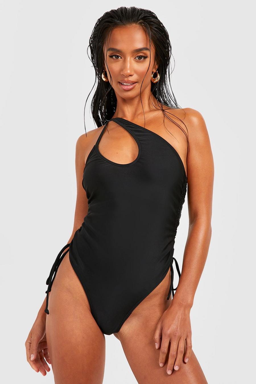 Black Petite Keyhole Ruched Side Swimsuit  image number 1