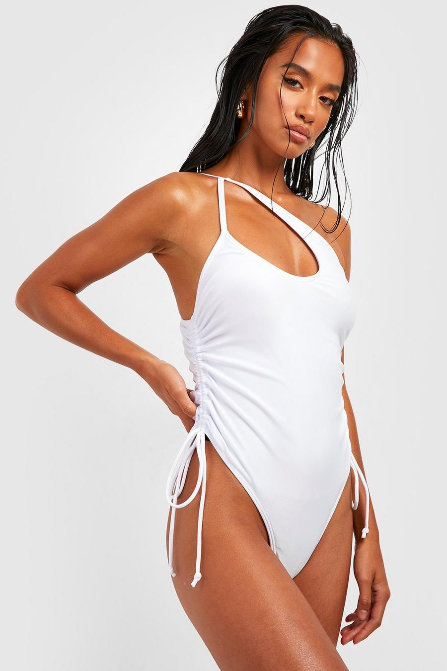 White Petite Keyhole Ruched Side Swimsuit image number 1