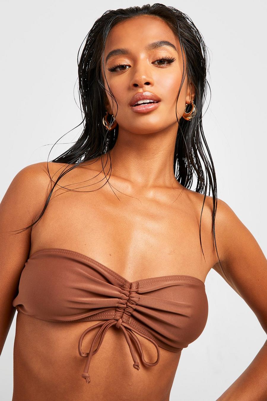 Chocolate Petite Ruched Front Bandeau Bikini Top image number 1