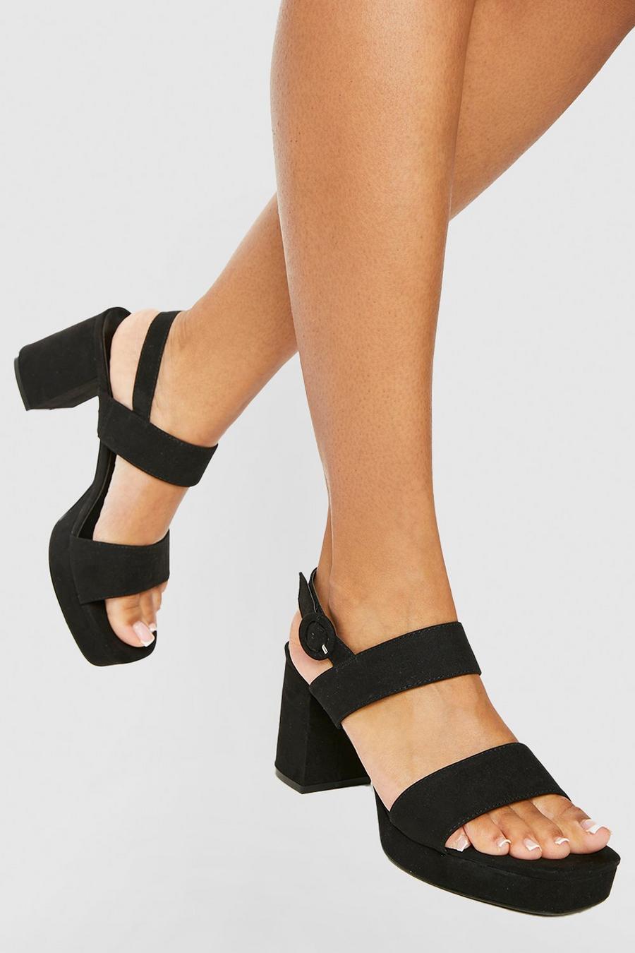 Black Wide Fit Covered Buckle Mid Height Platforms