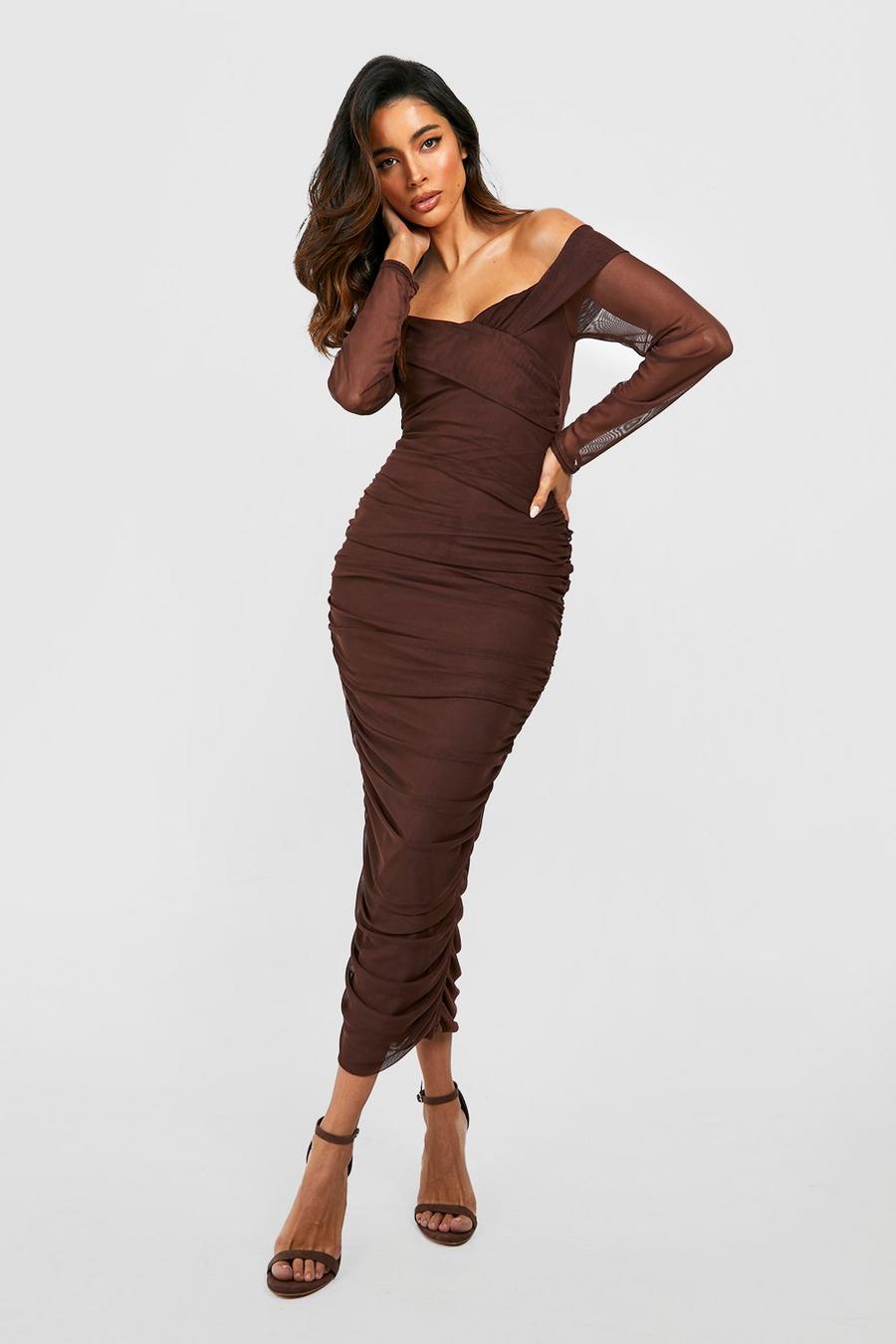 Chocolate brown Off Shoulder Ruched Mesh Bodycon Midaxi Dress