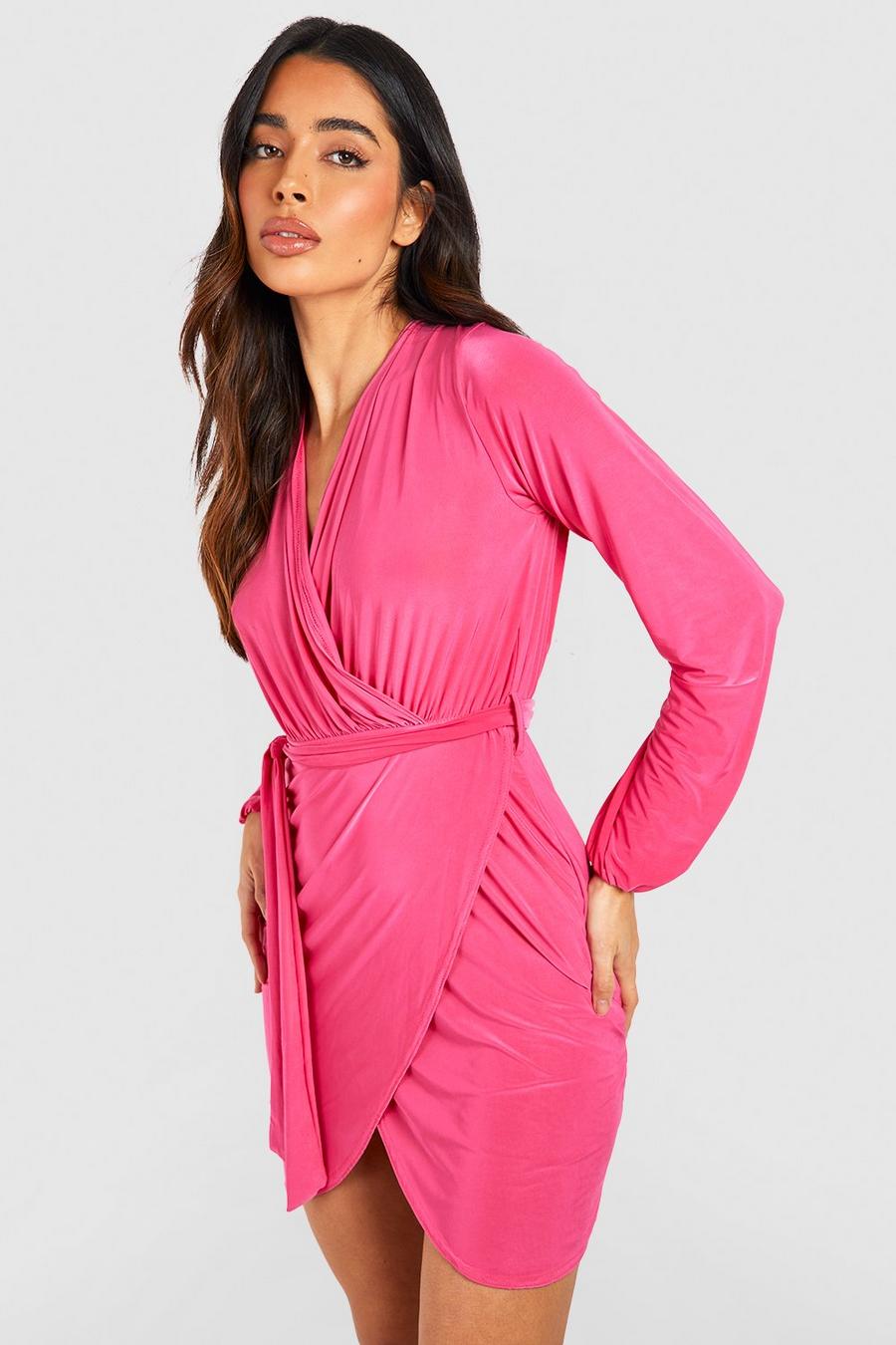 Hot pink rosa Slinky Belted Wrap Mini Dress
